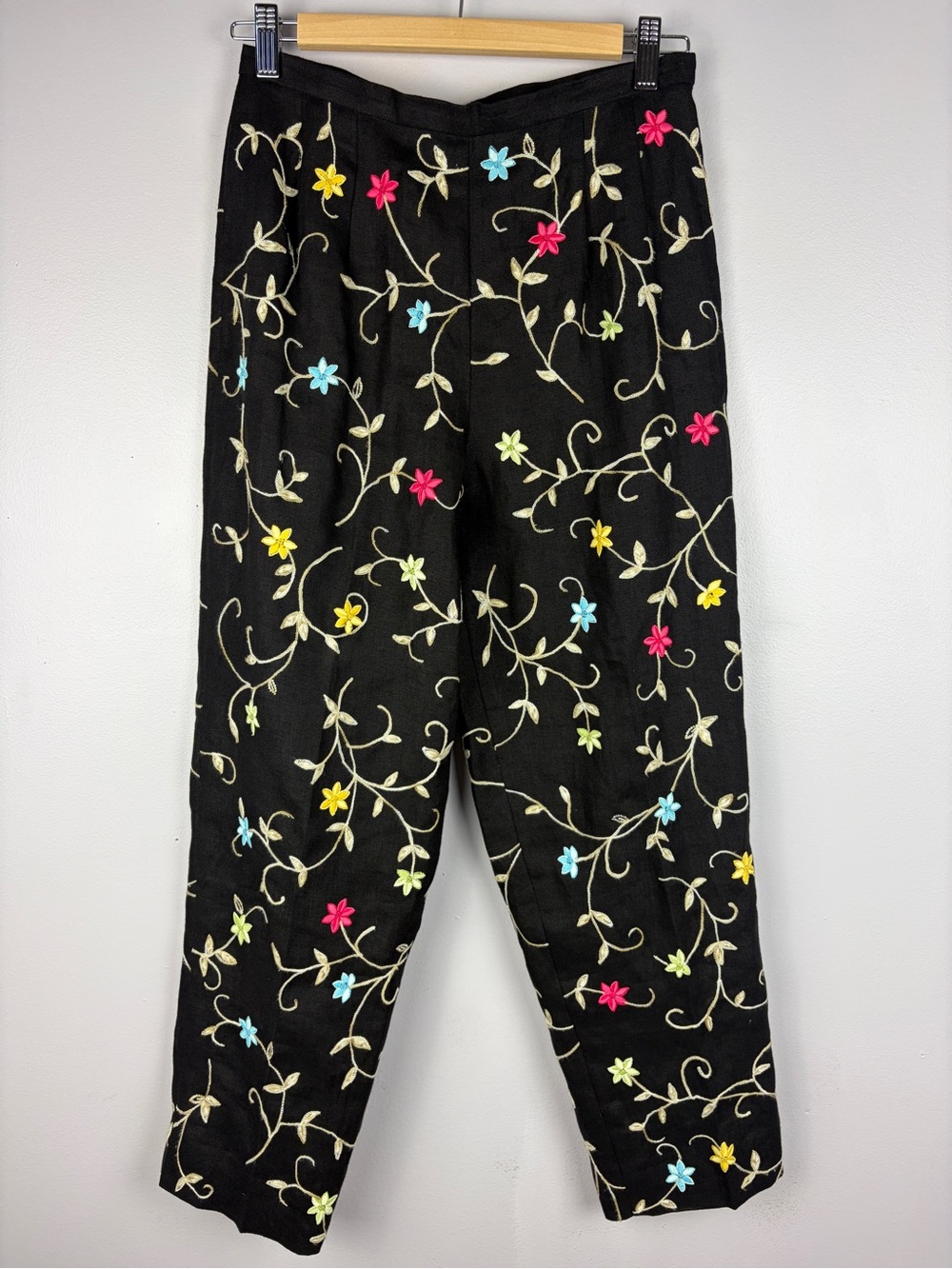 Talbots Petites Black Linen Floral Embroidered Pants Size 6